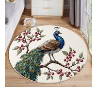 ZISTRCBAO Red Berry Branches Peacock Round Rugs 160cm, Soft Elegant Animal Illustration Printed Rug for Living Room Circle with Non Slip Backing Rug for Bedroom, Multicolored Washable Round Rugs