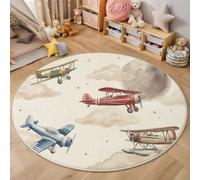 ZISTRCBAO Retro Illustration Art Washable Round Rug 80cm | Biplane Clouds Moon Circle Rugs, Non Slip Circle Area Rugs for Kids Room, Bedroom and Playroom Decor Floor Mat, Off-White