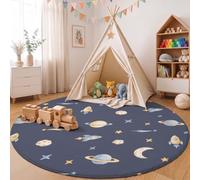 ZISTRCBAO Rocket Crescent Moon Planet Round Rug Living Room, Washable Non Slip Carpet 60cm | Circle Carpet Rug Fun Cartoon Space Area Mat for Indoor Bedroom Dorm Floor Decorative, Navy Blue