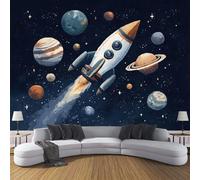 ZISTRCBAO Rocket Planet Silk Wall Mural Decoration Poster Picture Photo Wallpaper 200x140cm, Cartoon Style Wall Mural Decoration, Dark Blue Paper for Home Living Room Kids Bedroom Kitchen