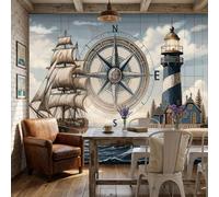 ZISTRCBAO Sailboat Compass Lighthouse Wall Murals, Vintage American Nautical Style Wallpaper Mural for Living Room Bedroom TV Background Office Wall Decoration Poster - 350x256cm, Blue