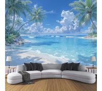 ZISTRCBAO Sandy Beach Palm Trees Silk Wall Mural Decoration Poster Picture Photo Wallpaper 150x105cm, Tropical Paradise Beach Wall Mural Decoration, Blue Paper for Home Living Room Bedroom Kitchen