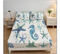 ZISTRCBAO Seahorse Starfish Fitted Sheet 135x190x30cm, Ocean Theme Fitted Sheets with 2 Pillowcases, 30 Cm Deep Pocket, Soft Brushed Microfiber Bedding, Blue-Green
