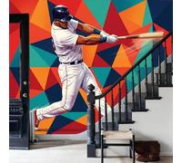 ZISTRCBAO Silk Wallpaper - Baseball Player Swinging Bat Wall Mural Photo Wallpaper, Dynamic Geometric Style Wall Mural for Bedroom, Living Room Background Decoration Photo Walls Paper 350x256cm