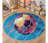 ZISTRCBAO Soccer Ball Flies Into The Goal Round Area Rug 160cm, Cartoon Sports Theme Round Rugs for Living Room, Blue Washable Thin Soft Non-slip Suitable for Children's Room Playroom