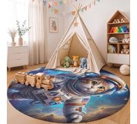 ZISTRCBAO Space Sci-Fi Style Nursery Round Rug 160cm | Astronaut Cat Starry Sky Washable Non-slip Circle Rugs, Soft Circular Dining Room Rug Thin Dark Blue Carpet for Bedroom Playroom