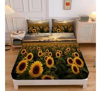 ZISTRCBAO Sunfloral Field Fitted Sheet King Bed with 2 Pillowcase, Countryside Style Fitted Sheets Deep Pocket (30 Cm) Soft Brushed Microfiber Bedding 150x200x30 cm, Yellow