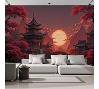 ZISTRCBAO Sunset Ancient Architecture Mural Wallpaper, Retro Asian Scenery Panoramic Wallpaper, Wall Mural Decoration Poster 400x280cm Mural for Living Room Bedroom Hallway, Red