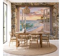 ZISTRCBAO Sunset Beach Palm Trees Mural Wallpaper, 3D Window View Wall Mural, Sandy Beige Wall Decoration Paper Poster for Bedroom Home TV Sofa Background Wallpaper Murals - 350x256cm