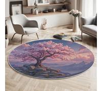 ZISTRCBAO Sunset Cherry Blossom Trees Round Rugs 100cm, Soft Japanese Fantasy Style Printed Rug for Living Room Circle with Non Slip Backing Rug for Bedroom, Pink Washable Round Rugs