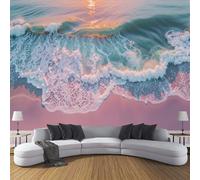 ZISTRCBAO Sunset Waves Wallpaper Murals 400x280cm, Coastal Scenery Panoramic Wallpaper Mural, Cyan Paper for Bedroom Living Room Decor Artwork Background Wall Stickers
