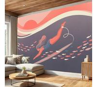 ZISTRCBAO Surfers School Fish Wallpaper, Modern Flat Design Wall Mural for Living Room, Bedroom, Pink Silk Wall Papaer Decoration, Photo Wallpaper & Home Decor, 300x210cm
