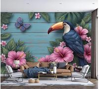ZISTRCBAO Toucan Hibiscus Flower Photo Wallpaper, Tropical Illustration Wall Mural Silk Wall Décor Art Poster for Living Room Bedroom Dorm Decor Poster Picture 350x256cm, Blue-Green