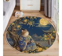 ZISTRCBAO Traditional Chinese Style Nursery Round Rug 60cm | Cat Osmanthus Tree Full Moon Washable Non-slip Circle Rugs, Soft Circular Dining Room Rug Thin Dark Blue Carpet for Bedroom Playroom