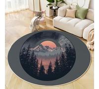 ZISTRCBAO Vinyl Record Mountain View Round Rug 100cm Grey Retro Music Theme Area Rug for Living Room Washable Non-slip Soft Circle Carpet for Bedroom Office