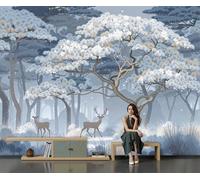 ZISTRCBAO Wallpaper Clouds Forest Deer 250x175cm Wall Mural Photo Wallpaper, Silk Healing Forest Theme Wall Mural Decoration Poster, for TV Backdrop Study Room Tea Room, Blue