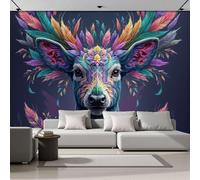 ZISTRCBAO Wallpaper Murals 250x175cm, Colorful Feathered Deer Photo Wallpaper, Psychedelic Art Style Silk Wall Mural Giant Poster, Modern Living Room Bedroom Backdrop Wall Decor