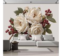 ZISTRCBAO Wallpaper Murals 250x175cm, White Roses Berries Photo Wallpaper, Classical Still Life Silk Wall Mural Giant Poster, Modern Living Room Bedroom Backdrop Wall Decor