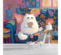 ZISTRCBAO Wallpaper - Wall Mural A Cat Drinking Coffee On The Sofa, Photo Wallpaper Cute Cartoon Animals, Multicolored Silk Art Print Wall Paper for Boys Girls Bedroom Mural Decoration 250x175cm
