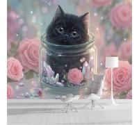 ZISTRCBAO Wallpaper - Wall Mural Black Cat Rose in A Jar, Photo Wallpaper Cute Dreamy Animals, Pink Silk Art Print Wall Paper for Boys Girls Bedroom Mural Decoration 250x175cm