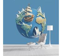 ZISTRCBAO Wallpaper - Wall Mural Cartoon World Map, Photo Wallpaper Watercolor Style, Blue Silk Art Print Wall Paper for Boys Girls Bedroom Mural Decoration 250x175cm
