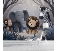 ZISTRCBAO Wallpaper - Wall Mural Elephant Lion Zebra, Photo Wallpaper Cartoon Forest Animals, Dark Gray Silk Art Print Wall Paper for Boys Girls Bedroom Mural Decoration 250x175cm