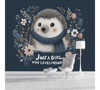 ZISTRCBAO Wallpaper - Wall Mural Floral Hedgehog, Photo Wallpaper Cartoon Animal, Dark Blue Silk Art Print Wall Paper for Boys Girls Bedroom Mural Decoration 250x175cm