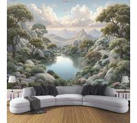 ZISTRCBAO Wallpaper - Wall Mural Forest Lake, Photo Wallpaper Retro Natural Style, Green Silk Art Print Wall Paper for Bedroom Living Room Mural Decoration 350x256cm