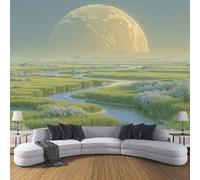 ZISTRCBAO Wallpaper - Wall Mural Giant Moon Floating Grassland, Photo Wallpaper Fantasy Art Landscape, Pale Yellow Silk Art Print Wall Paper for Bedroom Living Room Mural Decoration 150x105cm