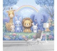 ZISTRCBAO Wallpaper - Wall Mural Giraffe Elephant Lion, Photo Wallpaper Cute Cartoon Forest Animals, Blue Silk Art Print Wall Paper for Boys Girls Bedroom Mural Decoration 250x175cm