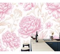 ZISTRCBAO Wallpaper - Wall Mural Line Drawing Peonies Silk Premium Art Print 250x175cm Wall Mural Decoration Modern Nordic Style Poster Picture Design Room Bedroom, Pink