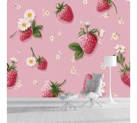 ZISTRCBAO Wallpaper - Wall Mural Strawberry with White Floral, Photo Wallpaper Cute Simple Fruit, Pink Silk Art Print Wall Paper for Boys Girls Bedroom Mural Decoration 250x175cm