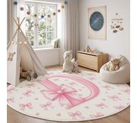 ZISTRCBAO Watercolor Sweet Style Round Rug Kids Room 120cm | The Letter D Bow Heart Circle Carpet, Soft Low Pile Non Slip Round Area Rug for Nursery, Bedroom and Playroom Decor