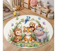 ZISTRCBAO Watercolor Tropical Animals Washable Round Rug 100cm | Monkeys Tigers Hippos Circle Rugs, Non Slip Circle Area Rugs for Kids Room, Bedroom and Playroom Decor Floor Mat, Green