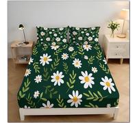 ZISTRCBAO White Daisy Fitted Sheet Single Bed with 2 Pillowcases, Modern Simple Bed Sheets Bedroom Decor, 30 Cm Deep Pocket, Green Sheet Set for Adults Teens, 90x190x30 cm