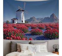 ZISTRCBAO Windmills Tulip Fields Tapestry Wall Hanging, Tapestry Pastoral Scenery Design Wide Wall Hanging, Red Tapestries Poster for Living Room Bedroom Dorm Decor, 100x75cm