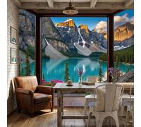 ZISTRCBAO Window Frame Mountains Lakes Wallpaper, Magnificent Mountain Scenery Wall Mural for Living Room, Bedroom, Blue Silk Wall Papaer Decoration, Photo Wallpaper & Home Decor, 250x175cm