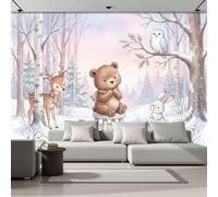 ZISTRCBAO Winter Forest Bear Rabbit Mural Wallpaper, Warm Watercolor Animals Panoramic Wallpaper, Wall Mural Decoration Poster 400x280cm Mural for Living Room Bedroom Hallway, White