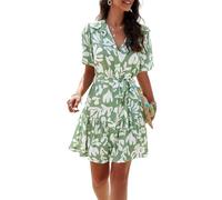 ZISTRCBAO Women Dresses Casual Geometric Print Short Sleeve Dresses - Tie at Waist Slim Dress Floral Midi Beach Dress,Summer Elegant A-Line Swing Dress,Light Green,M
