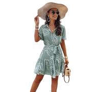 ZISTRCBAO Women Dresses Casual Geometric Print Short Sleeve Dresses - Tie at Waist Slim Dress Floral Midi Beach Dress,Summer Elegant A-Line Swing Dress,Green,M