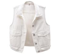 ZISTRCBAO Womens Denim Gilet Sleeveless Jacket Jean Waistcoat - Button Up White Denim Jacket Womens Short Slim Fit Vest,Ladies Solid Color Denim Waistcoat With Pockets,White,L