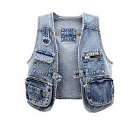 ZISTRCBAO Women'S Washed Distressed Denim Vest Single-Breasted Sleeveless Jacket - Stylish Multi-Pocket Denim Waistcoat,Summer Women'S Short Denim Jackets Gilet,Blue,S