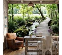 ZISTRCBAO Wooden Boardwalk Stream Forest Wall Mural 250x175cm, Japanese Forest Natural Style Silk Photo Wallpaper, Green Decoration Poster Mural for Bedroom Living Room TV Background Wall Decor
