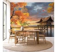 ZISTRCBAO Wooden House Red Maple Tree Sunset Wall Murals, Healing Autumn Scenery Wallpaper Mural for Living Room Bedroom TV Background Office Wall Decoration Poster - 350x256cm, Amber Gold