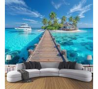 ZISTRCBAO Wooden Wharf Island Wallpaper Mural, Tropical Natural Scenery Poster Picture Wallpaper Mural 400x280cm Wall Paper for Home Living Room Kids Bedroom Decor, Blue