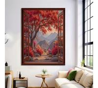ZISTRCBAO Wooden Windows Fields Red Maples Canvas Pictures for Wall, Autumn Realistic Landscape Canvas Prints Room Decor, Wall Decor for Living Room Dining Bathroom 50×70 cm, Unframe
