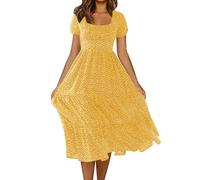 ziubauyke Yellow Summer Dresses for Women Midi Square Neck Dresses Short Sleeve Ruffle Petal Polka Dot Sundress Ladies Elegant Chiffon Boho A-Line Swing Flowy Casual Dress XXL