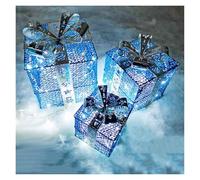 ZIUBMVDYC Light Up Present Boxes, Set of 3 with Bows Outdoor Christmas Glowing Gift Box Decorations Iron Art Hollow Out(Blue)