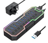 ZIUMIER Powered USB Hub, 10 Ports USB 3.0 Hub with RGB LED Strip and 12V/2A Power Adapter USB Extension for MacBook, Mac Pro, Mac mini, iMac, Surface Pro, XPS, PC, Flash Drive, Mobile HDD