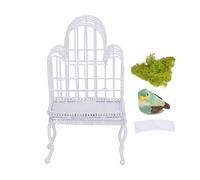 ZIXINNKC 1:12 Scale Dollhouse Bird Cage Metal Realistic Opening Door Miniature Dollhouse Bird Cage with Fake Grass Bird Sticker (White)